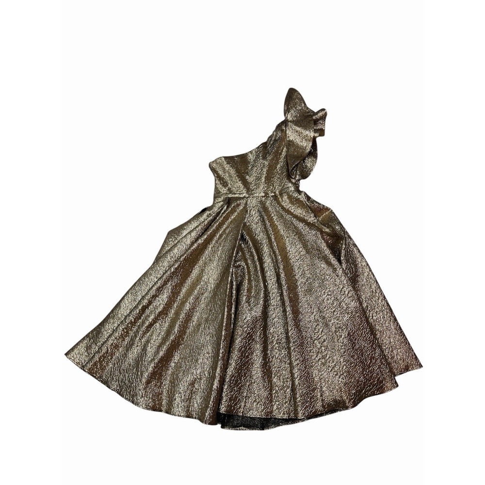 $498 Mac Duggal 67906 Bronze Metallic One Shoulder Bow Tea Midi Dress Size 8 - Picture 6 of 12
